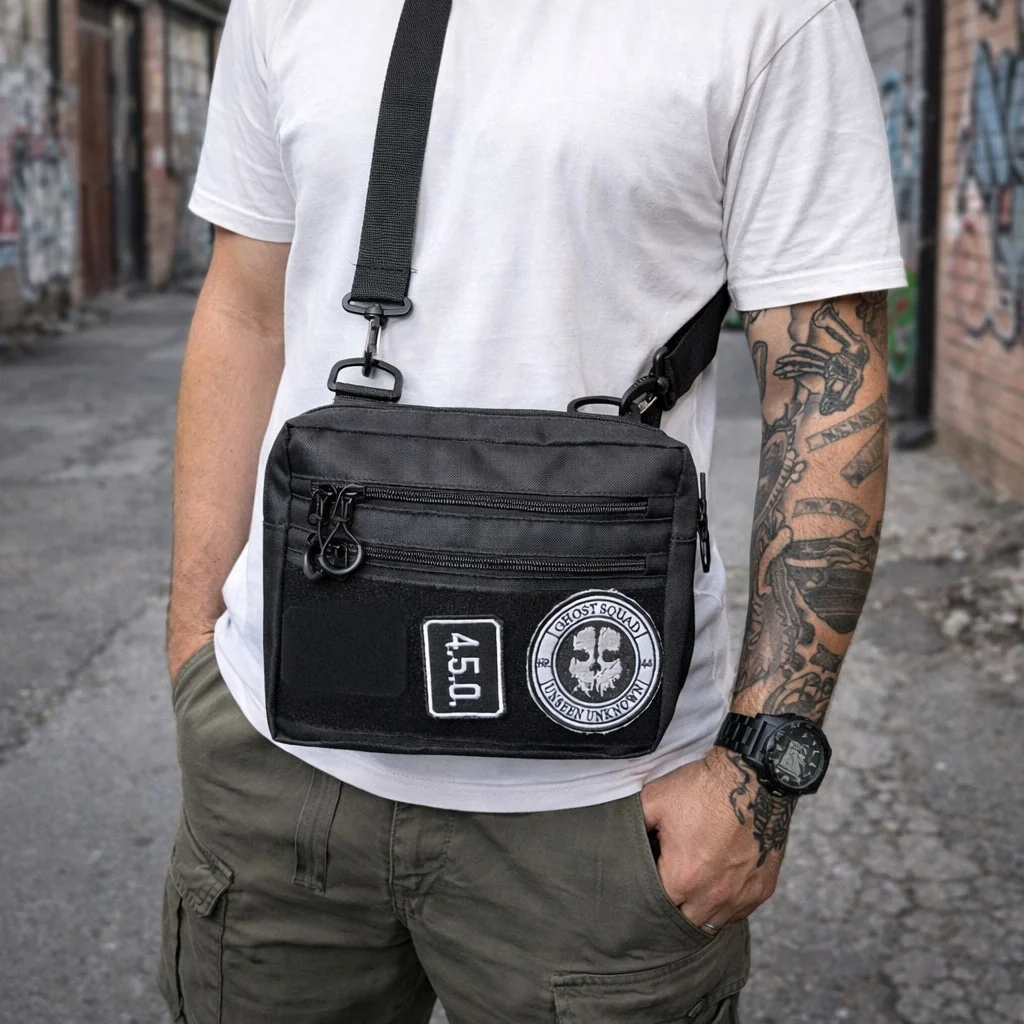 Хлопець із сумкою EDC Cordura 600D через плече — видно реальний розмір і посадку